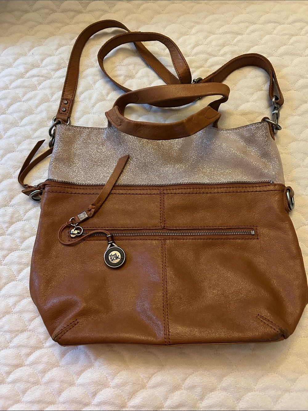 The Sak Tan Leather dual straps Bag with Metallic Silver Top